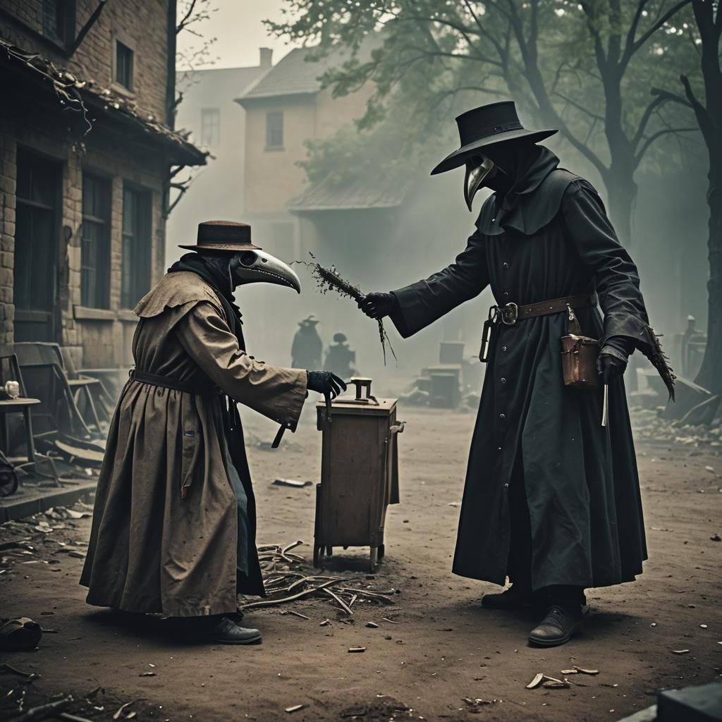 Futuristic Plague Doctor's Merciful Act: Cinematic Still