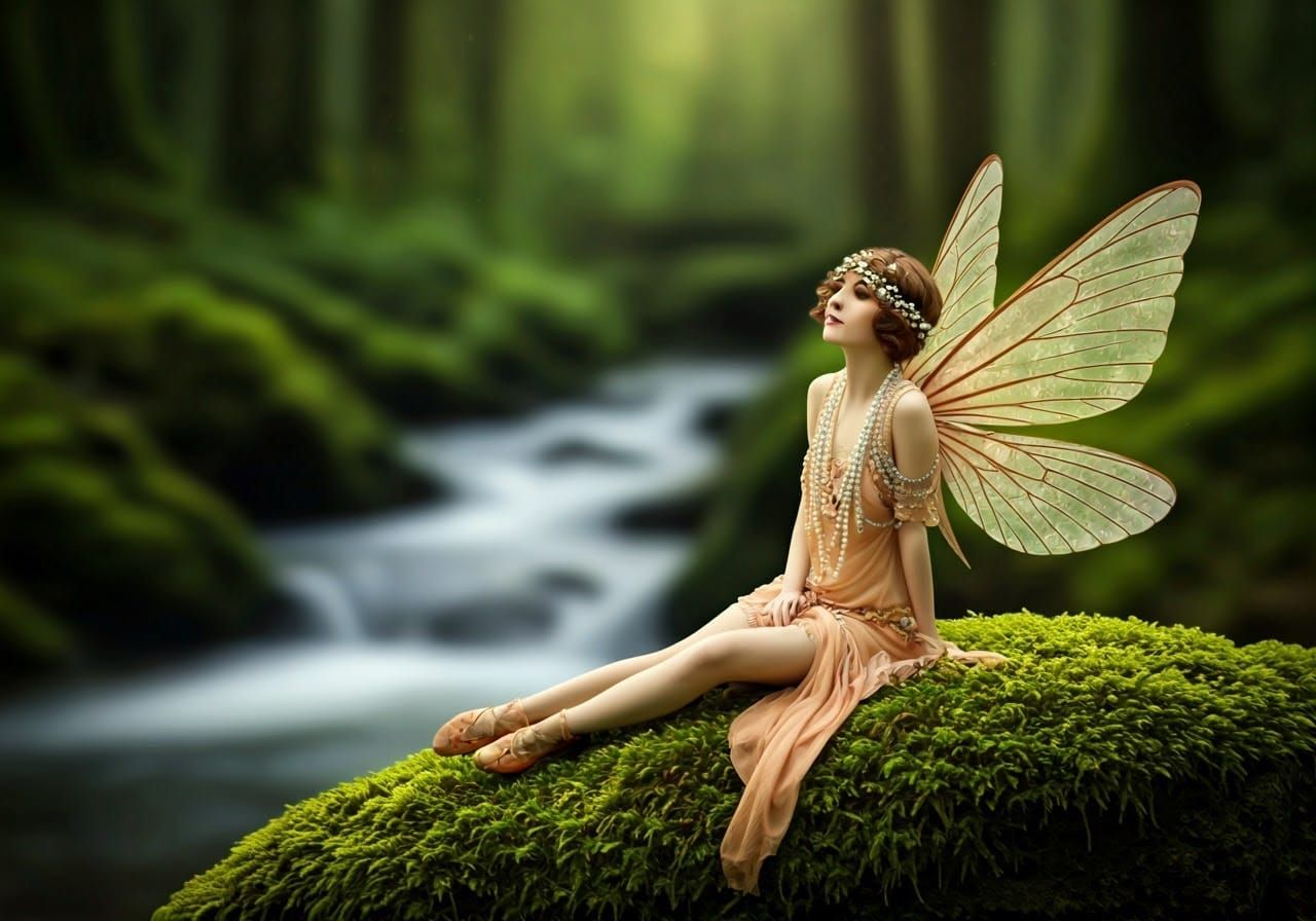 Ethereal Fairy in Spring Forest, Art Nouveau Style