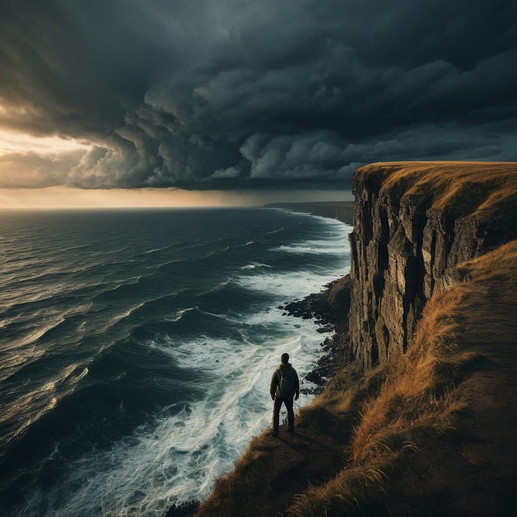 Epic Stormy Seas Cliffside Moment in 35mm Film Aesthetic