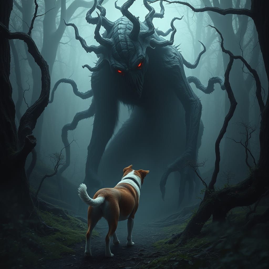 Dog Encounters Gloomy Chthonic Figure in Dark Forest
