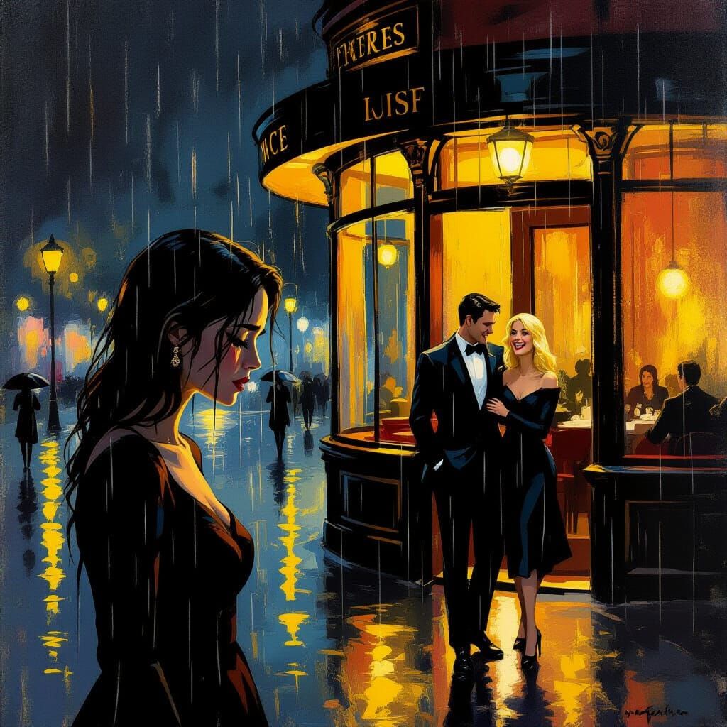 Melancholic Woman Watches Happy Couple in Moody Rain Scene