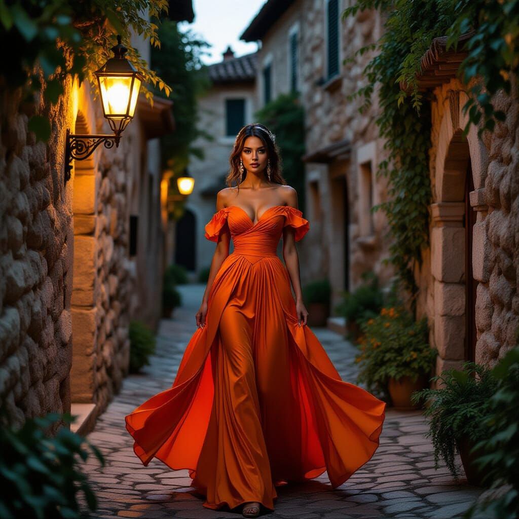 Woman in Orange PVC Gown on Cobblestone Alley