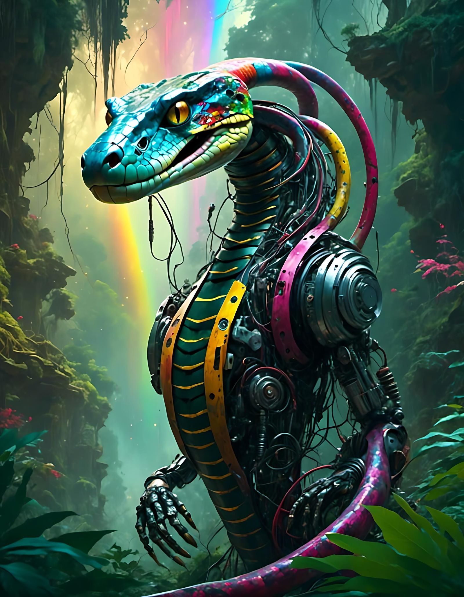 Robot Cobra in Jungle Temple with Rainbow