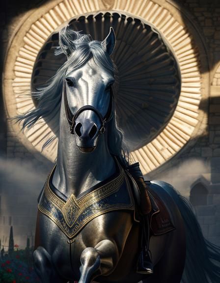 Knight on White Horse in Castle Courtyard