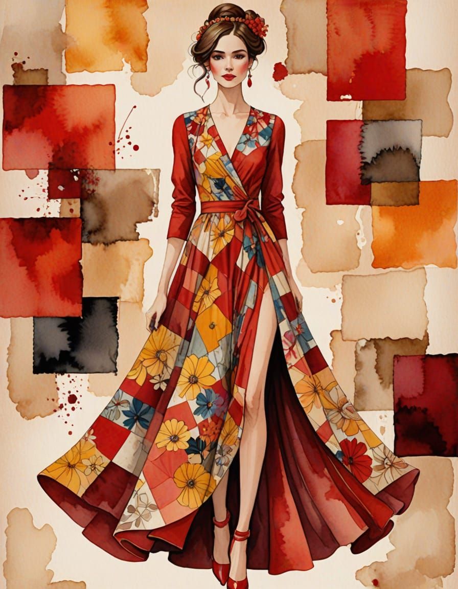 Elegant Woman in Patchwork Klimt-Inspired Dress