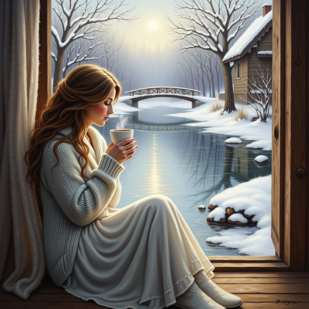Woman Drinking Coffee by Snowy River in Ethereal Oil Paintin...