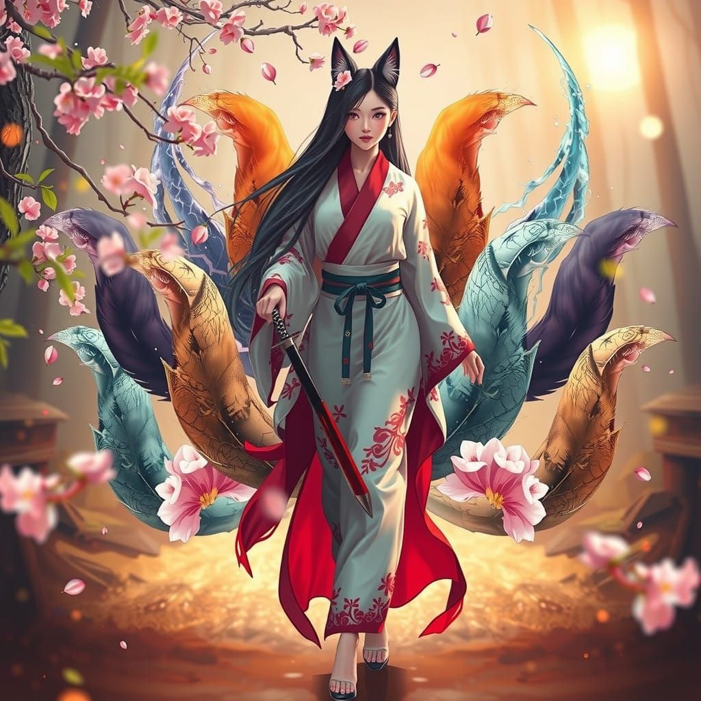 Mystical Kitsune Goddess in Cherry Blossom Forest