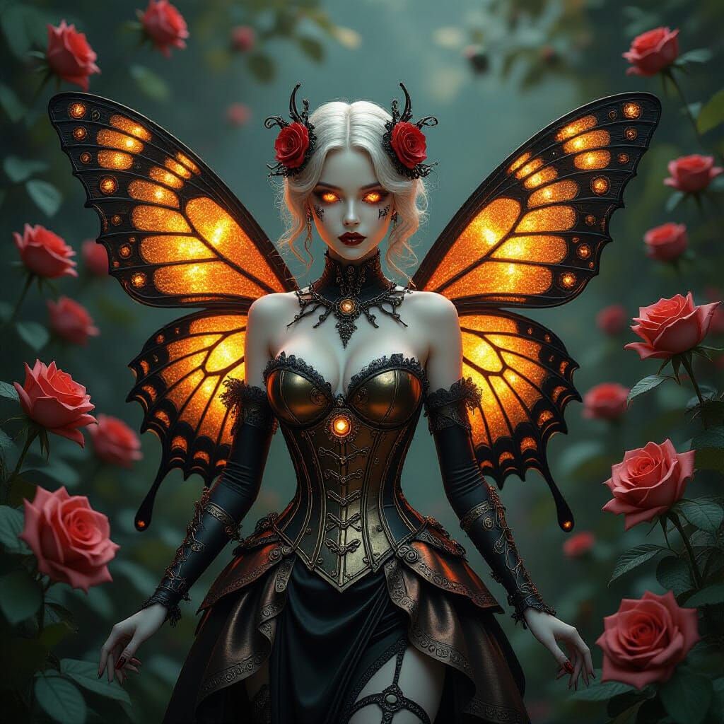 A hyper-realistic gothic steampunk butterfly girl standing a...