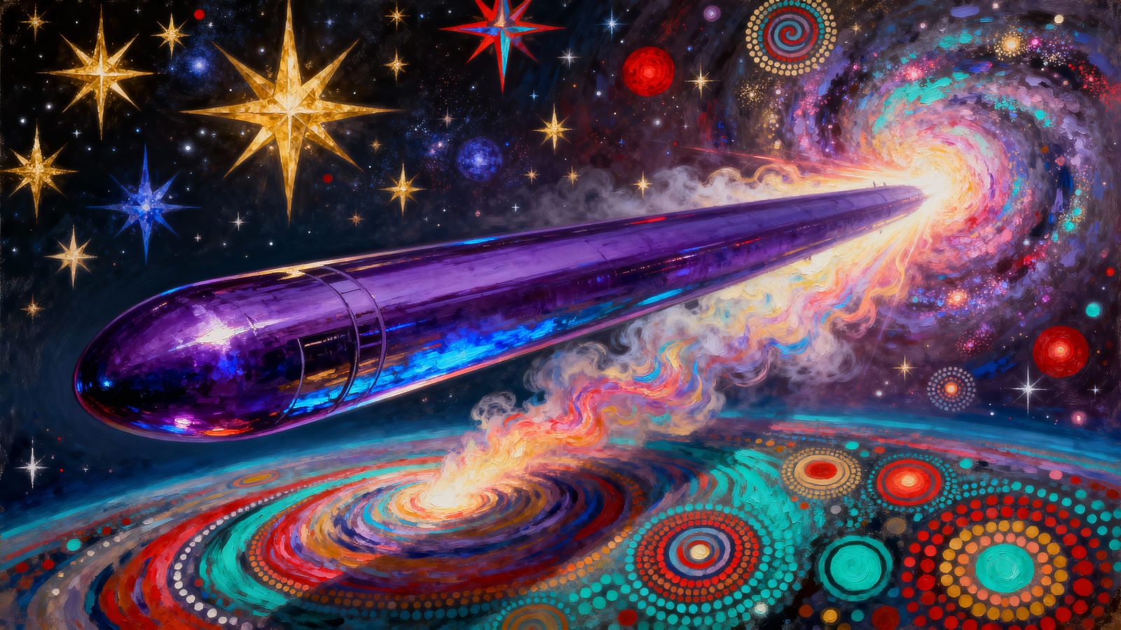 Violet Cylinder Hovers Above Surreal Cosmic Vortexes