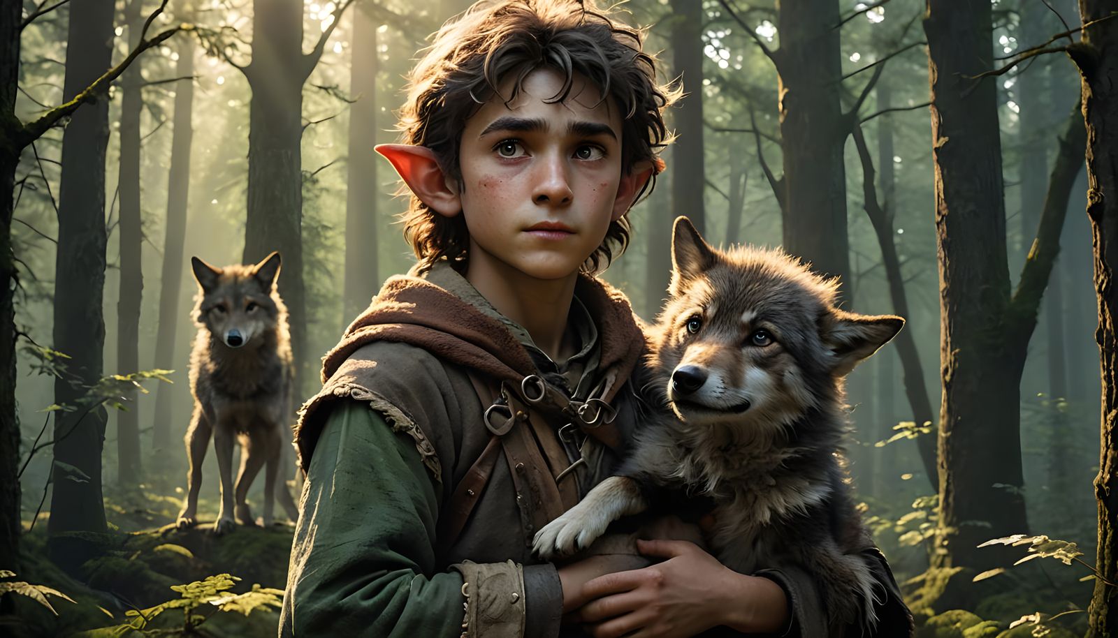 Elf with Wolf Cub in Forest Concept Art