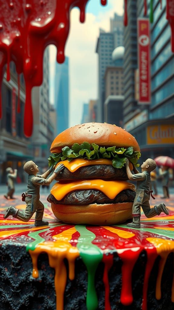 Micro People Constructing a Hamburger in a Melting Urban Dreamscape