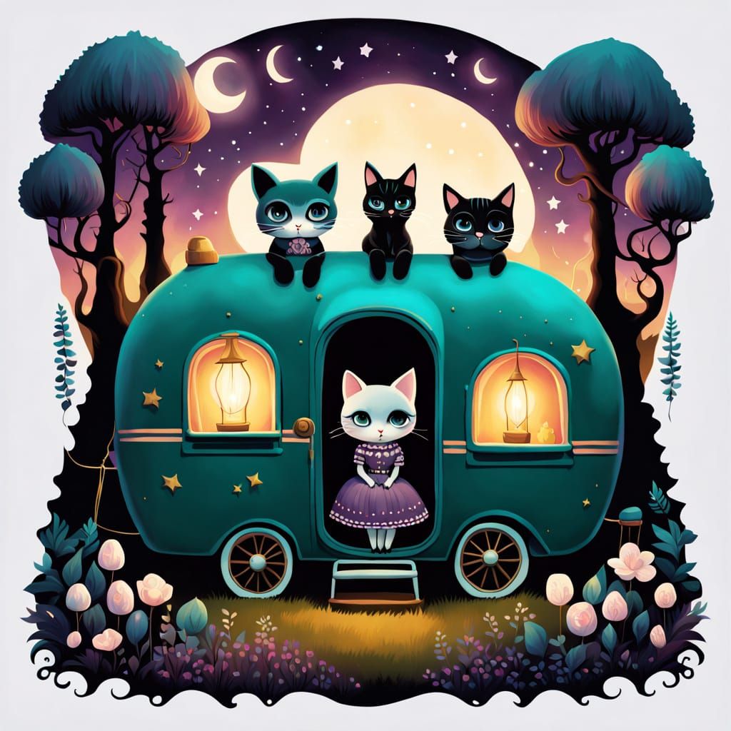 Whimsical Doll-Like Girl with Chibi Cat in Fantasy-Gothic Wo...
