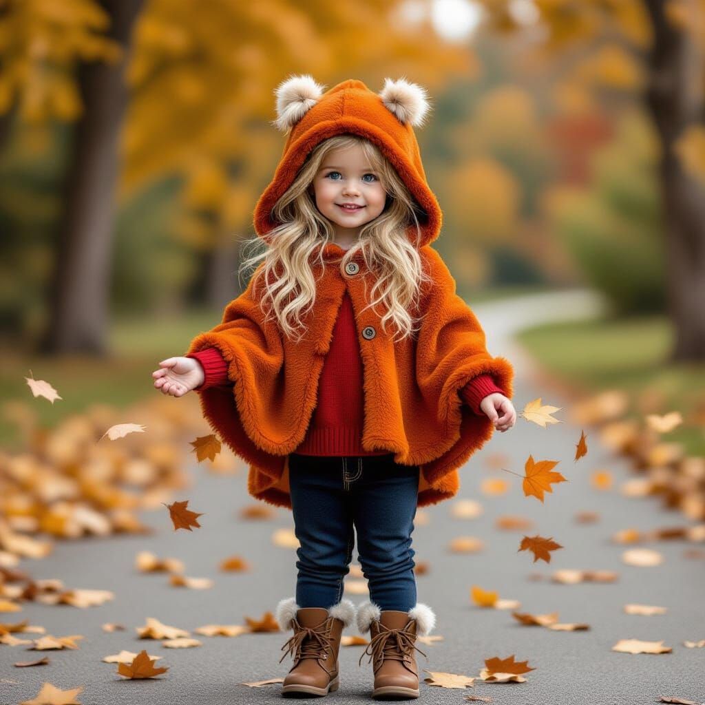 Girl in Autumn Leaves Children's Book Illustration Style