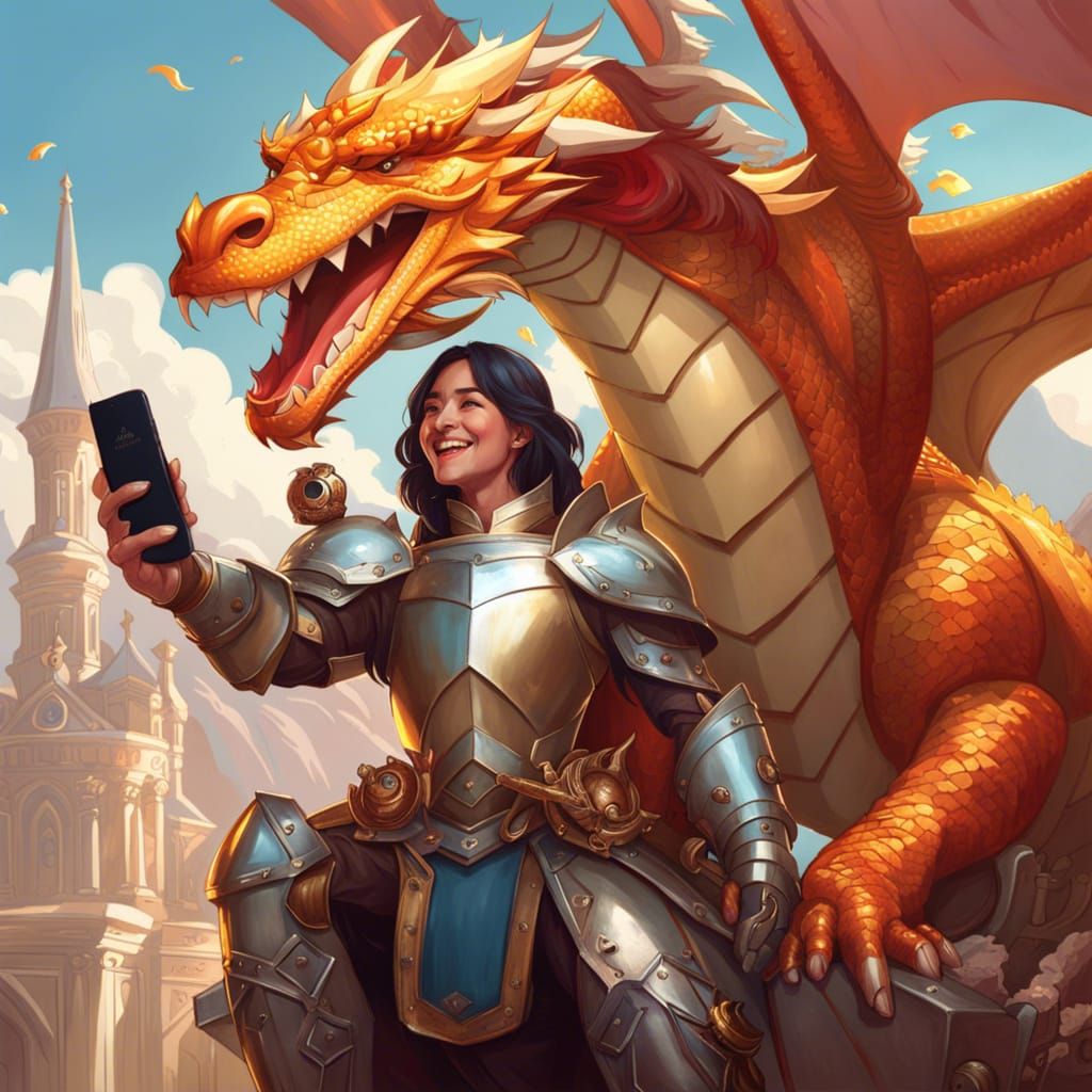 Laughing Knight's Selfie with Dragon in Hyperdetailed Style
