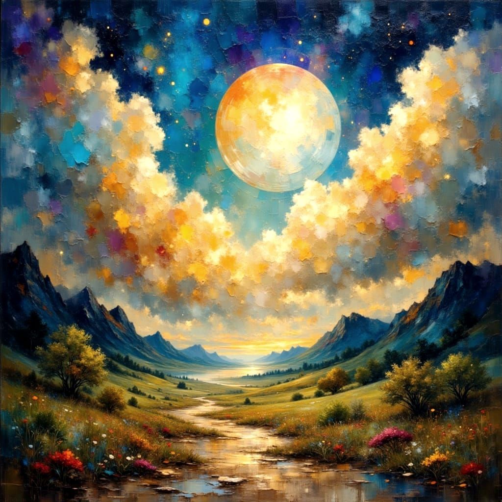 Vibrant Impasto Landscape with Rainbow and Moonlight