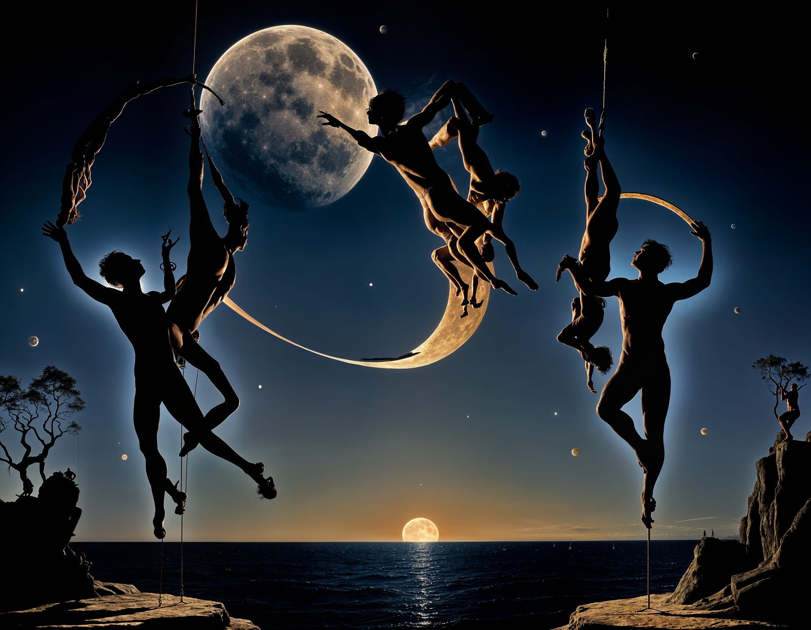 Surreal Acrobats Silhouetted Under Golden Moon