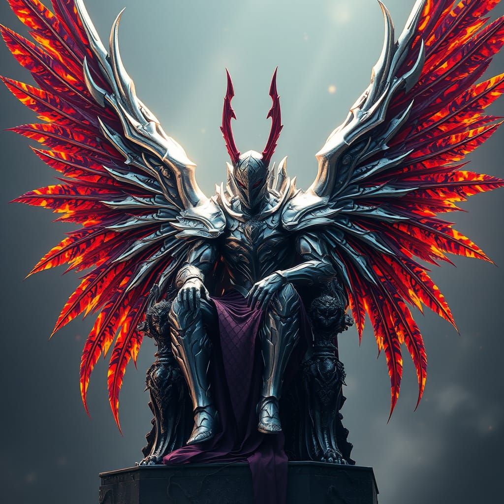 Surreal Metal Fallen Angel with Massive Silver Armored Wings