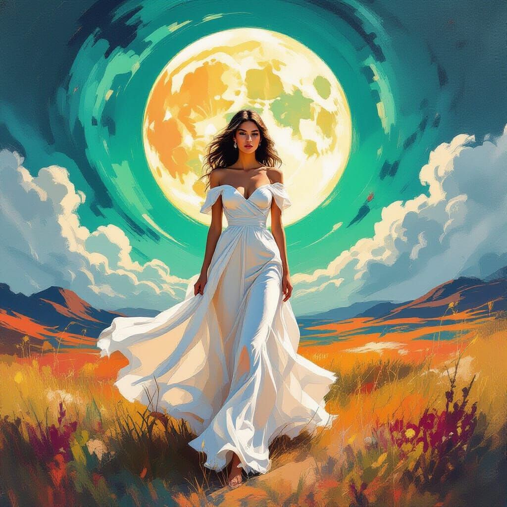 Lunar Woman in Neon Hues: Abstract Expressionist Style