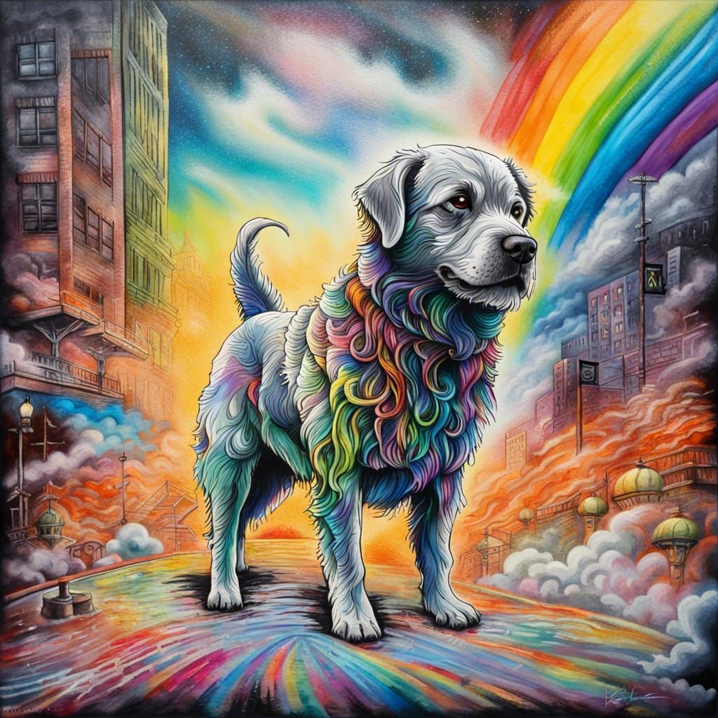 Ghost Dog on Rainbow Bridge in Graffiti Art Style