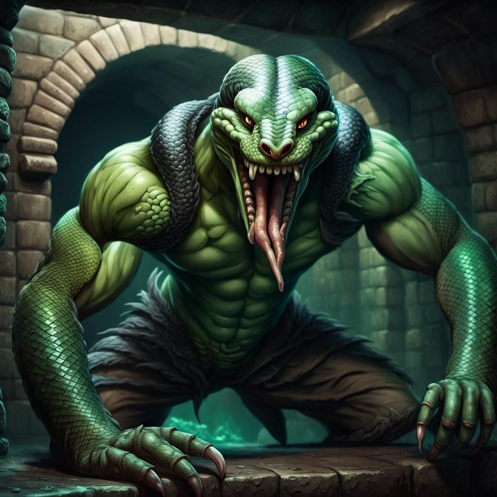 Muscular Snake-Headed Man in Sewer, Fantasy Art