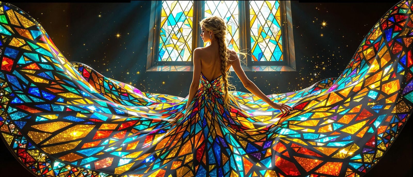 Glamorous Woman in Stained Glass Dress Dances in Church