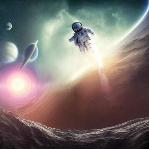 Astronaut's Interplanetary Leap Through Mystical Universe