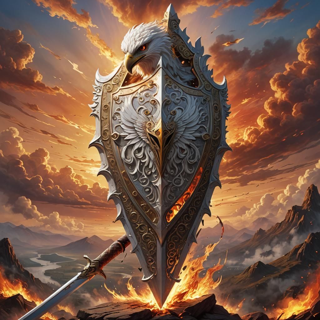 Blazing White Shield and Longsword at Sunrise