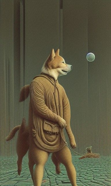Satoshi Nakamoto and Akita Inu in Surreal Collage