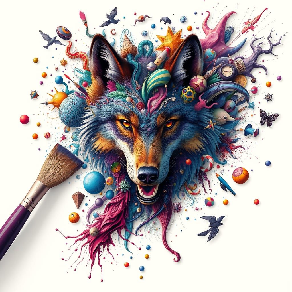 Abstract Wolf Amidst Colorful Chaos, Vector Art