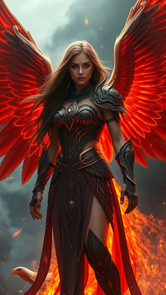 Phoenix Woman in Fiery Armor with Cinematic Lighting