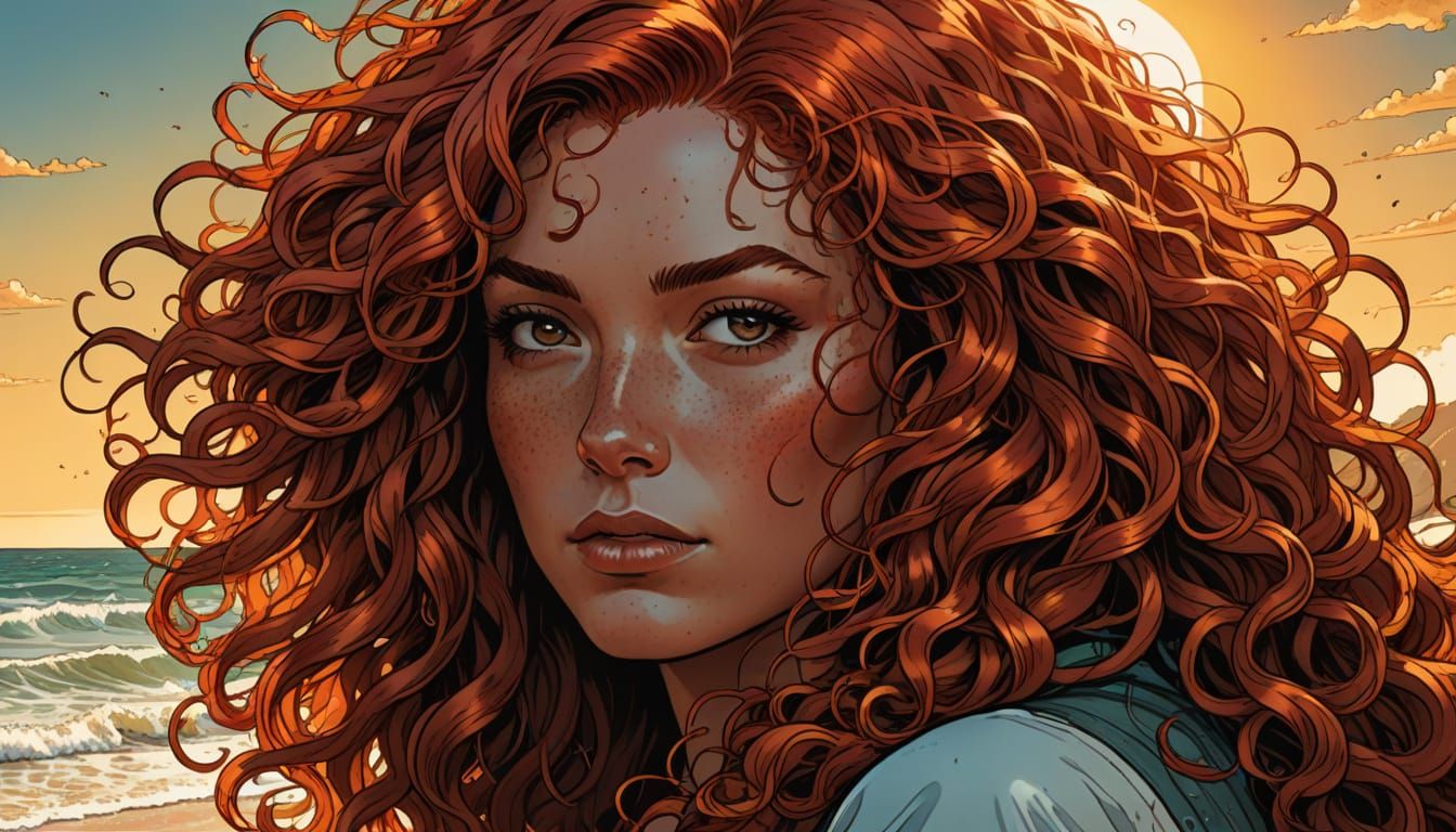 Redhead Woman on Beach in Comic Book Style