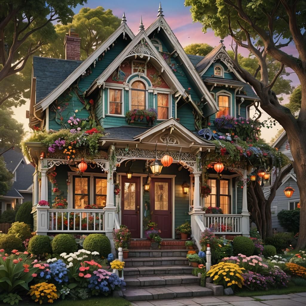 Enchanted Suburban Home in Magical Realism Style