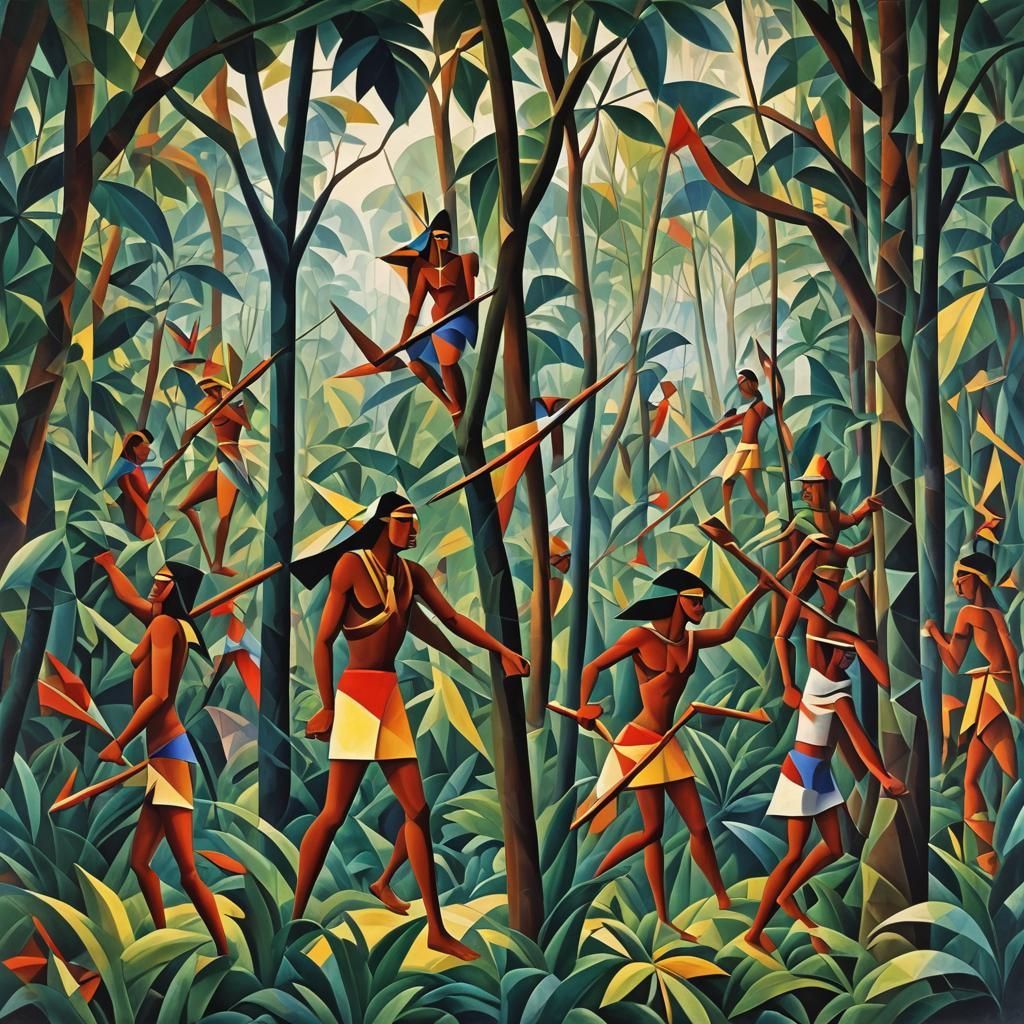 Brazilian Indians hunting in the Amazon Rainforest Scenes abstract cubism Euclidean Georgy Kurasov Albert Gleizes