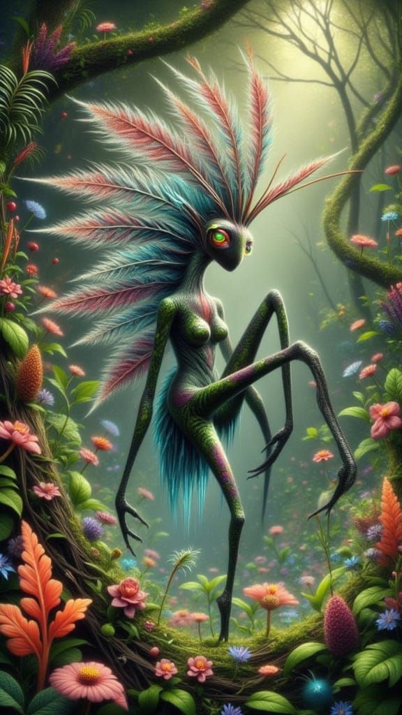 Fancy praying mantis practicing her mating dance