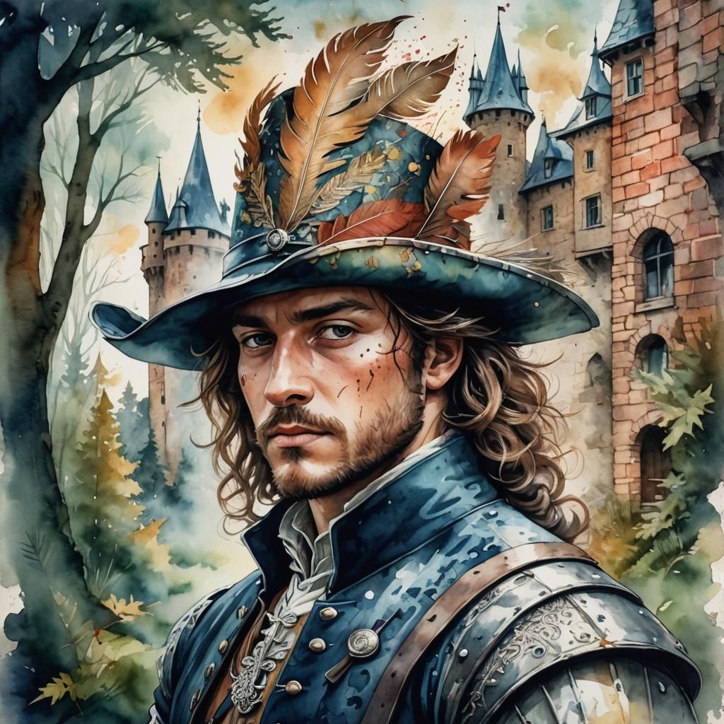 Brave Musketeer Portrait with Watercolor and Ink