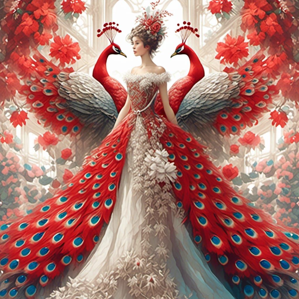 Watercolor Peacock in Christmas Gown, 3D Digital Art