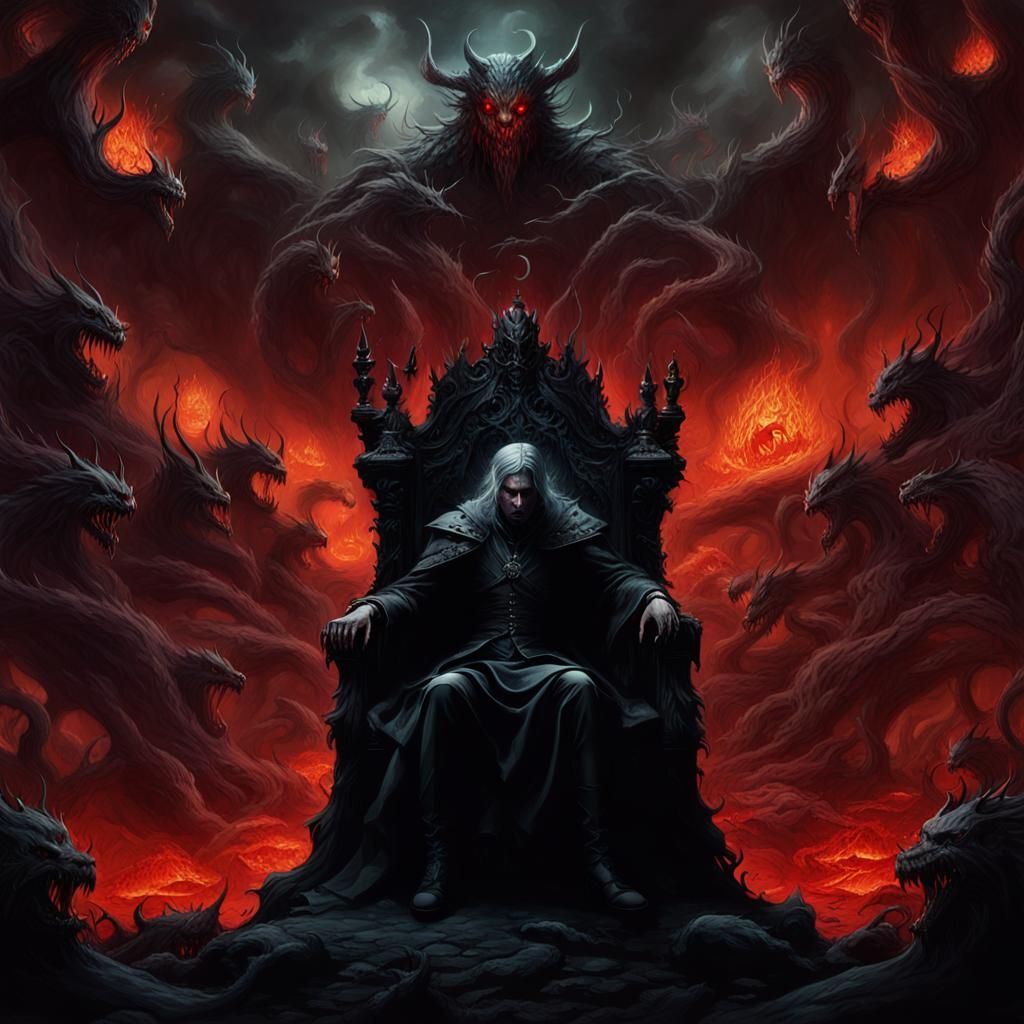 Regal Figure Enthroned in Hellish Dark Fantasy