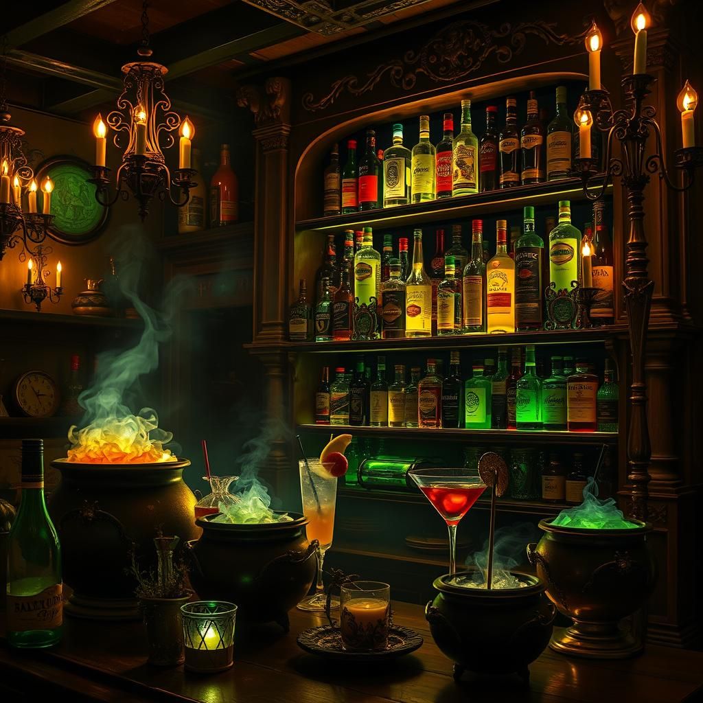 Eerie Glowing Elixirs in a Spooky Bar Scene