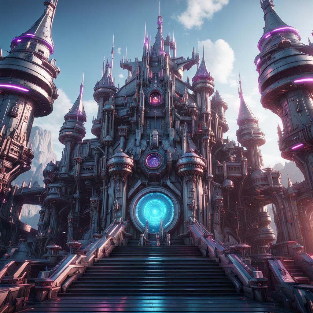 Futuristic Psychedelic Castle with Intricate Mechanical Deta...