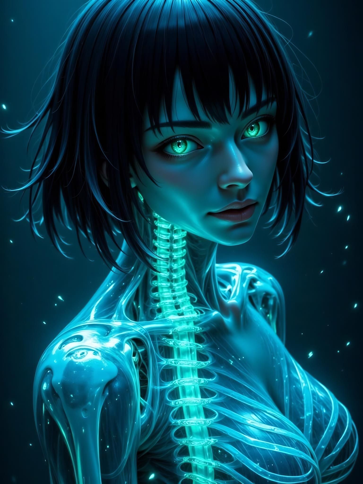 Translucent Android Robot with Mechanical Spine