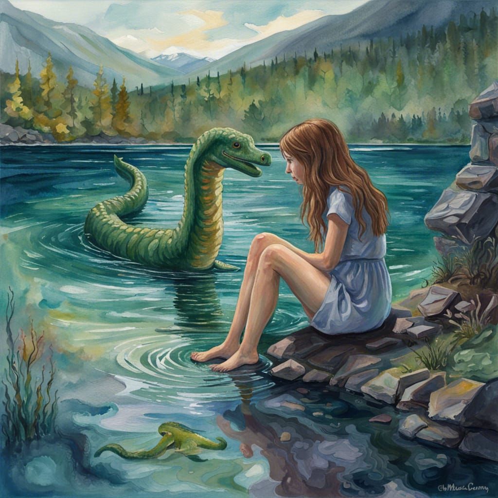 Loch Ness Girl and Monster in Gouache Style