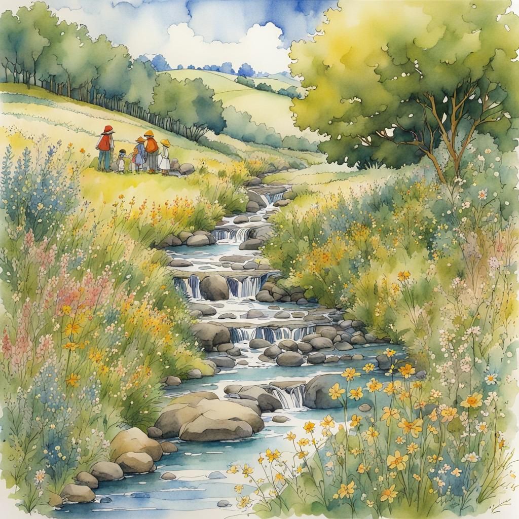 Storybook Landscape with Stream in Anime Style