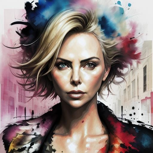 A stunning portrait of CHARLIZE THERON in the busy city center in mixed media technique by Yossi Kotler and Lykke Steenb...