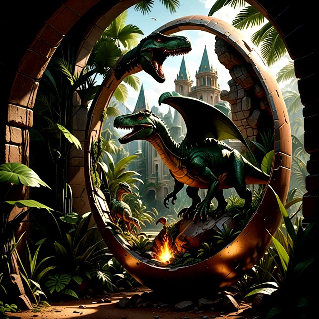 Miniature Kingdom Inside Dinosaur Egg in Art Deco Style