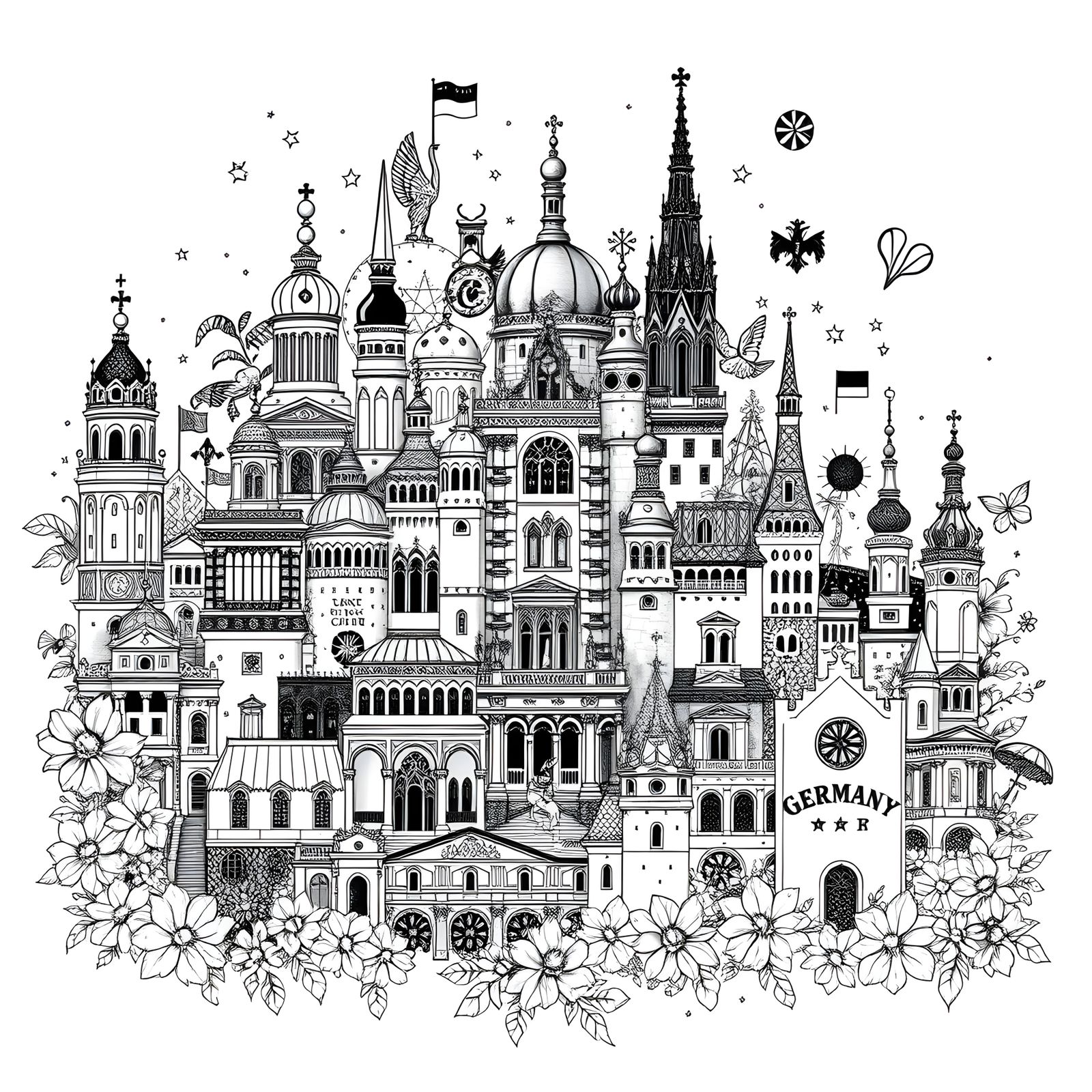 Detailed Doodle Drawing of Germany in Black and White
