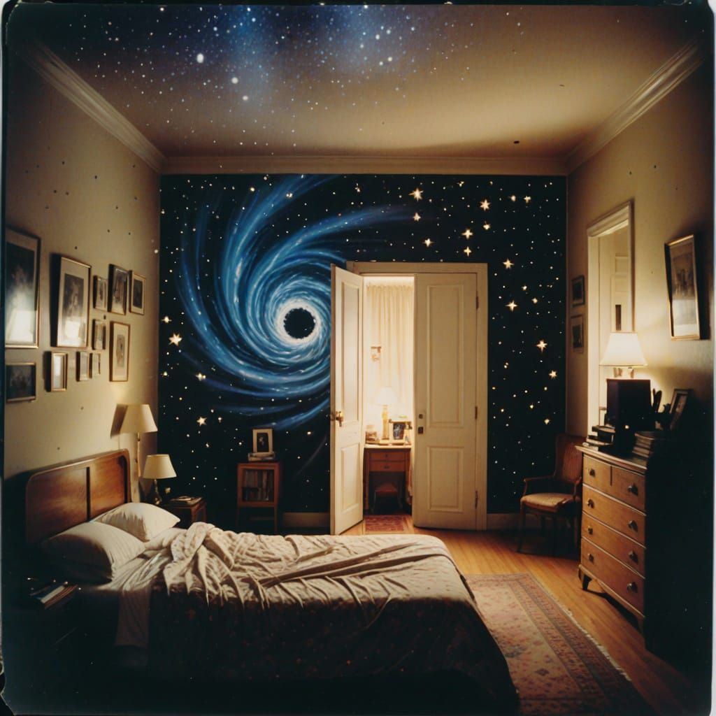 Vibrant 80s Bedroom Scene with Celestial Portal