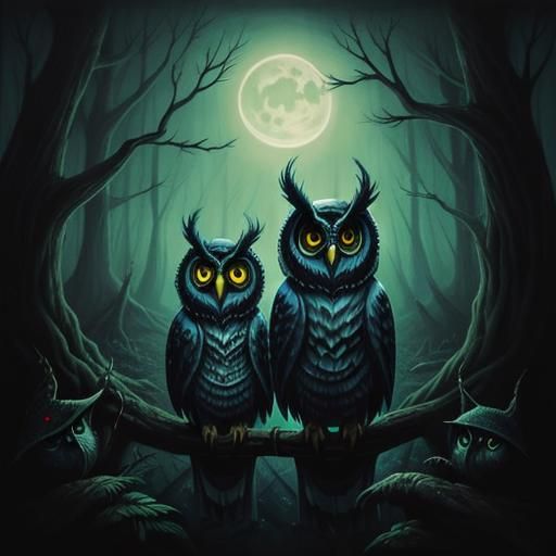 Lovecraftian Owls in Moonlit Forest