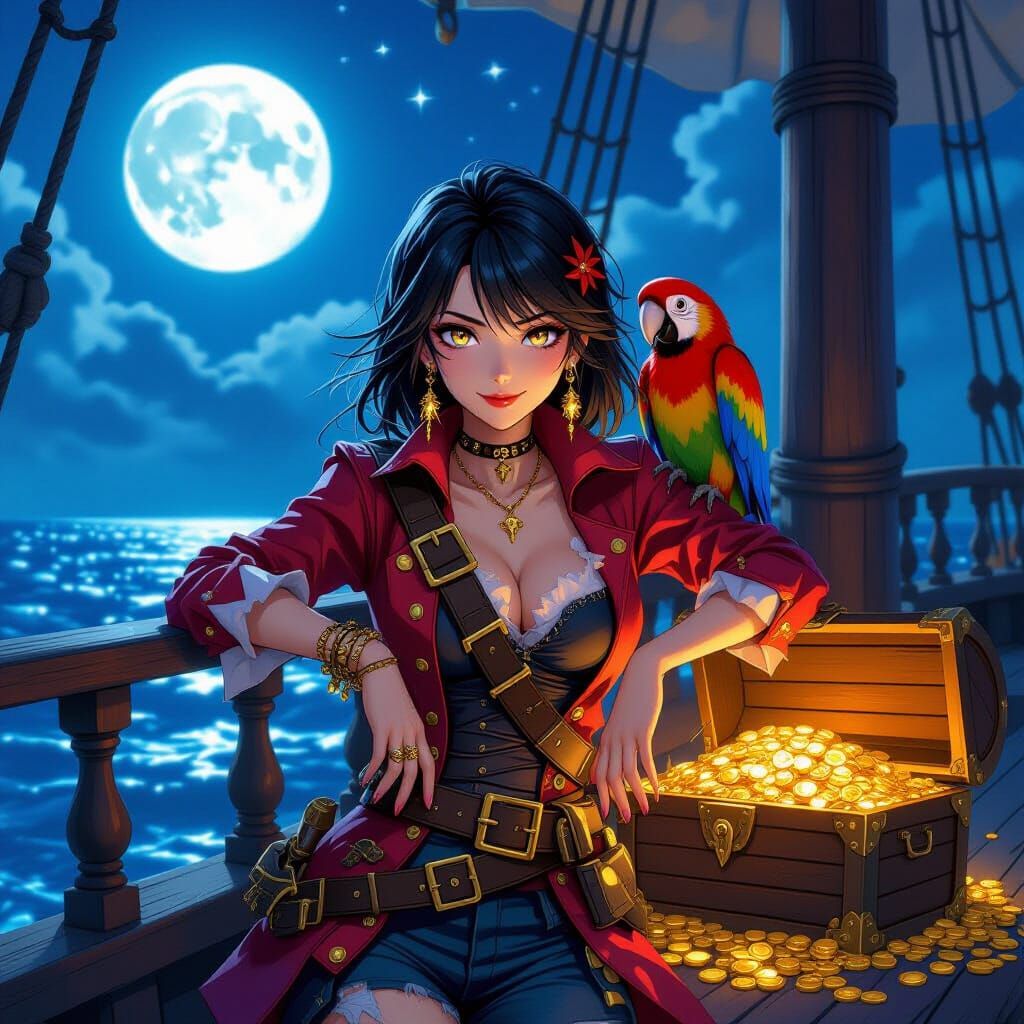 Anime Pirate Captain with Treasure Chest Under Moonlight
