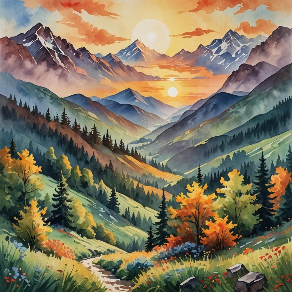 Mountain Sunrise in Gouache Watercolor Style
