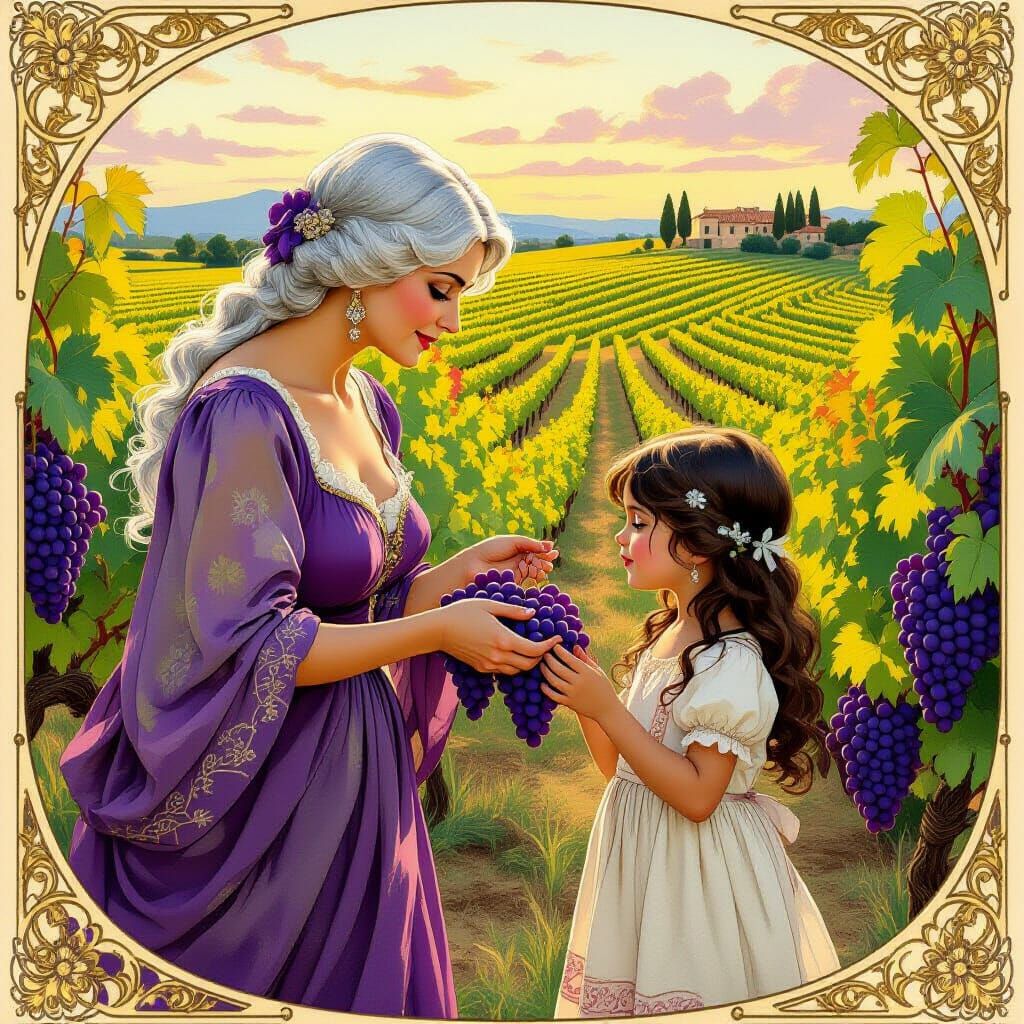 Art Nouveau Illustration of Grandmother and Granddaughter Pi...